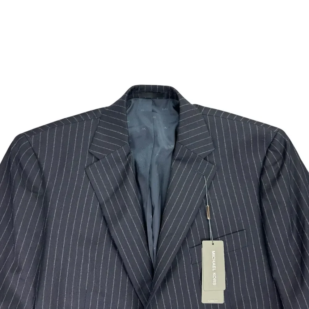 Michael Kors Mens Pinstripe Classic Fit Stretch Wool Suit Jacket Navy Blue 44S